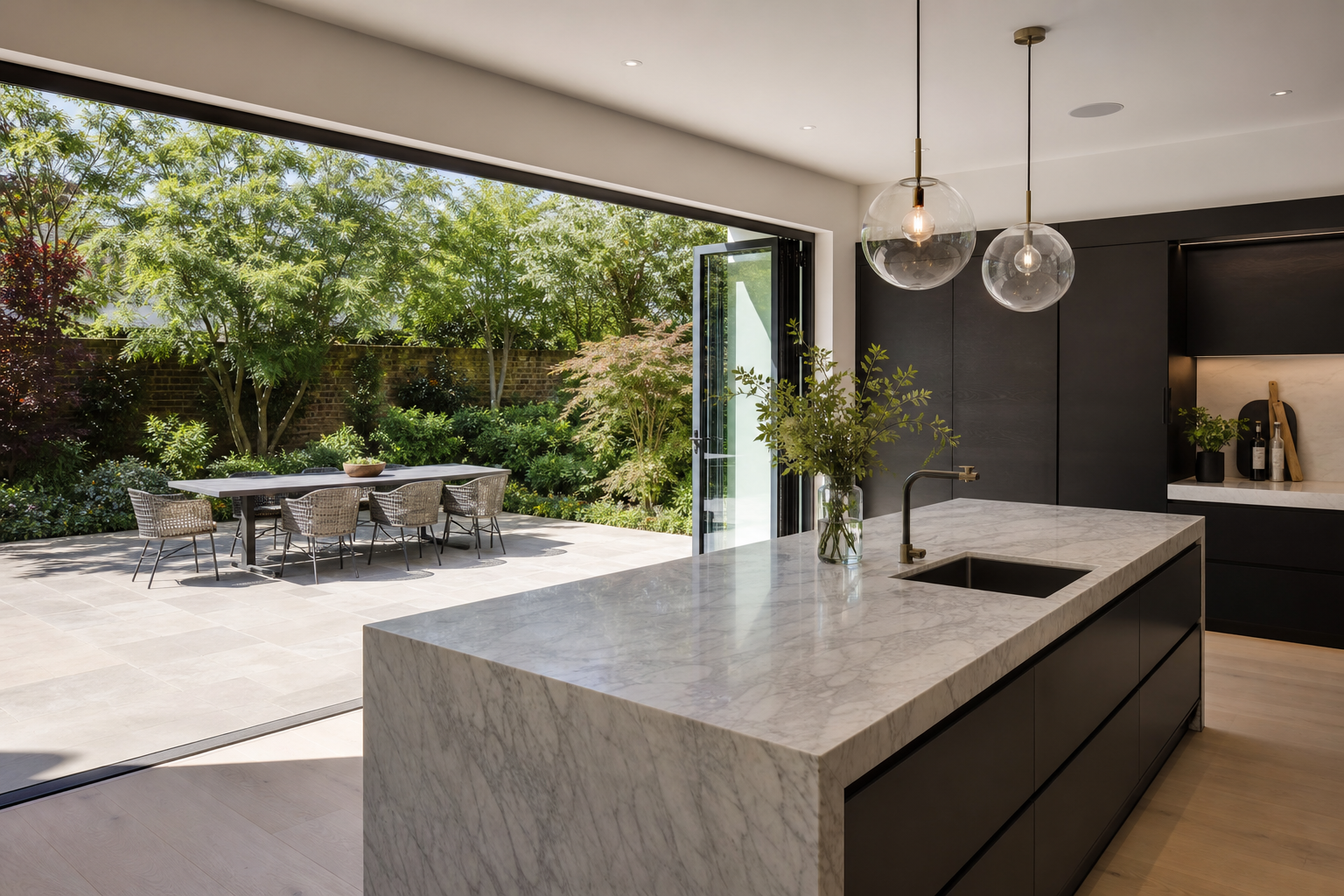 Kitchen with bi-fold doors open to a garden terrace