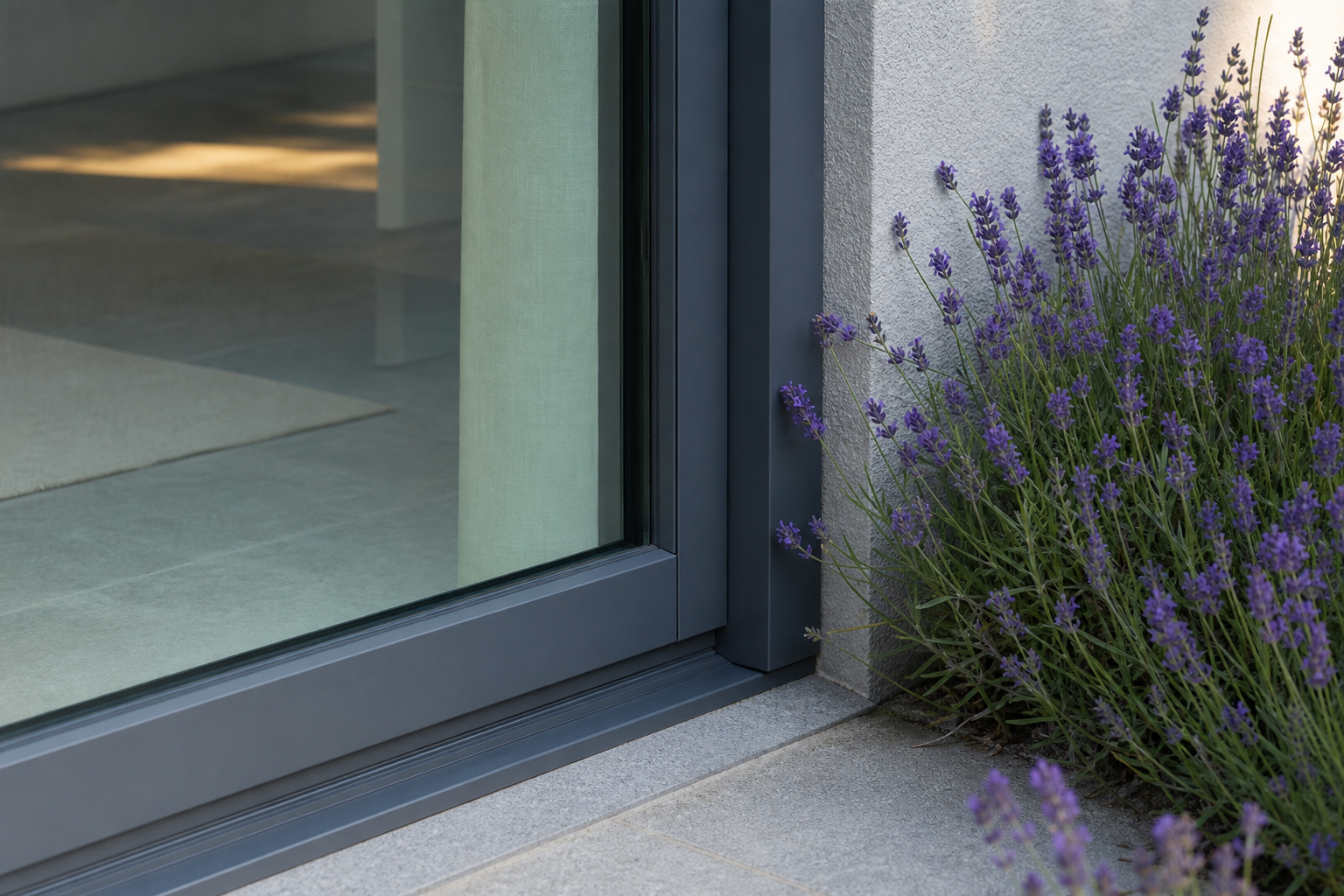 Grey aluminium sliding door beside lavender planting
