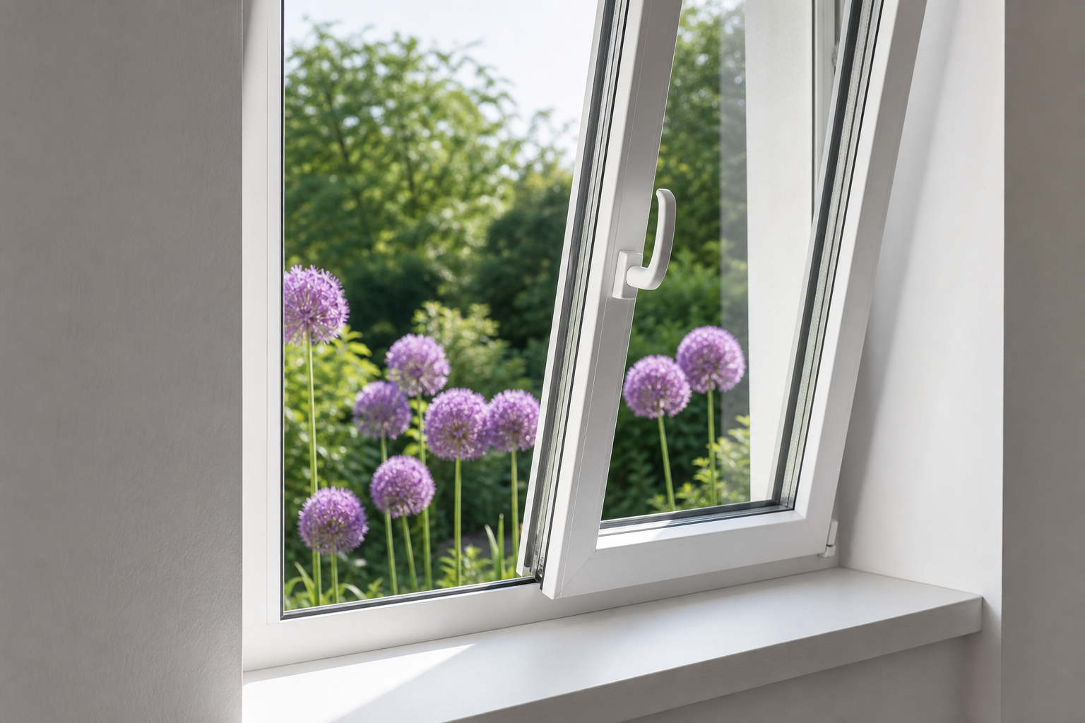 Open tilt-and-turn window with flowers outside