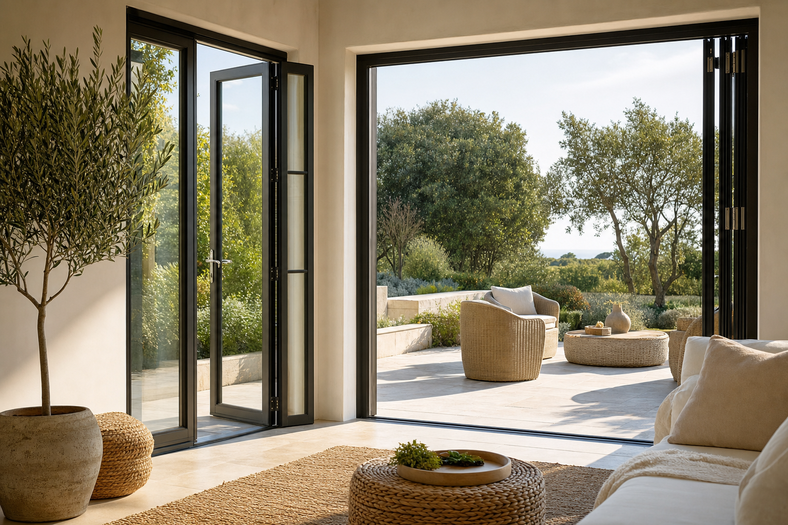 Black-framed aluminium French and bi-fold doors open onto a sunny patio