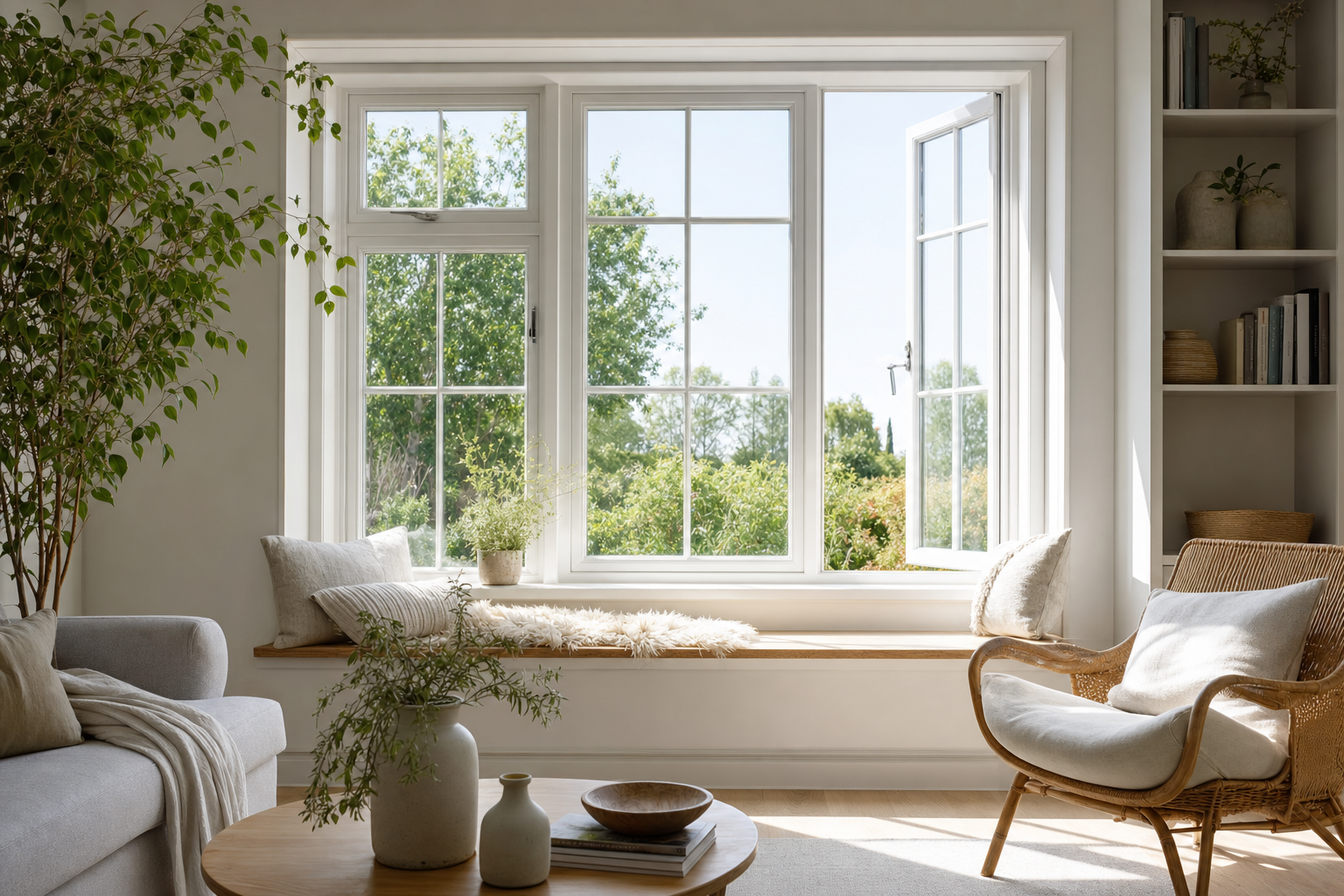 Bright living room with a large casement window and window seat